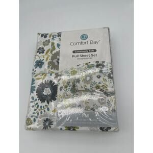 New Comfort Bay Full Standard Size 4 Piece Sheet Set Teal Gray Modern Botanical